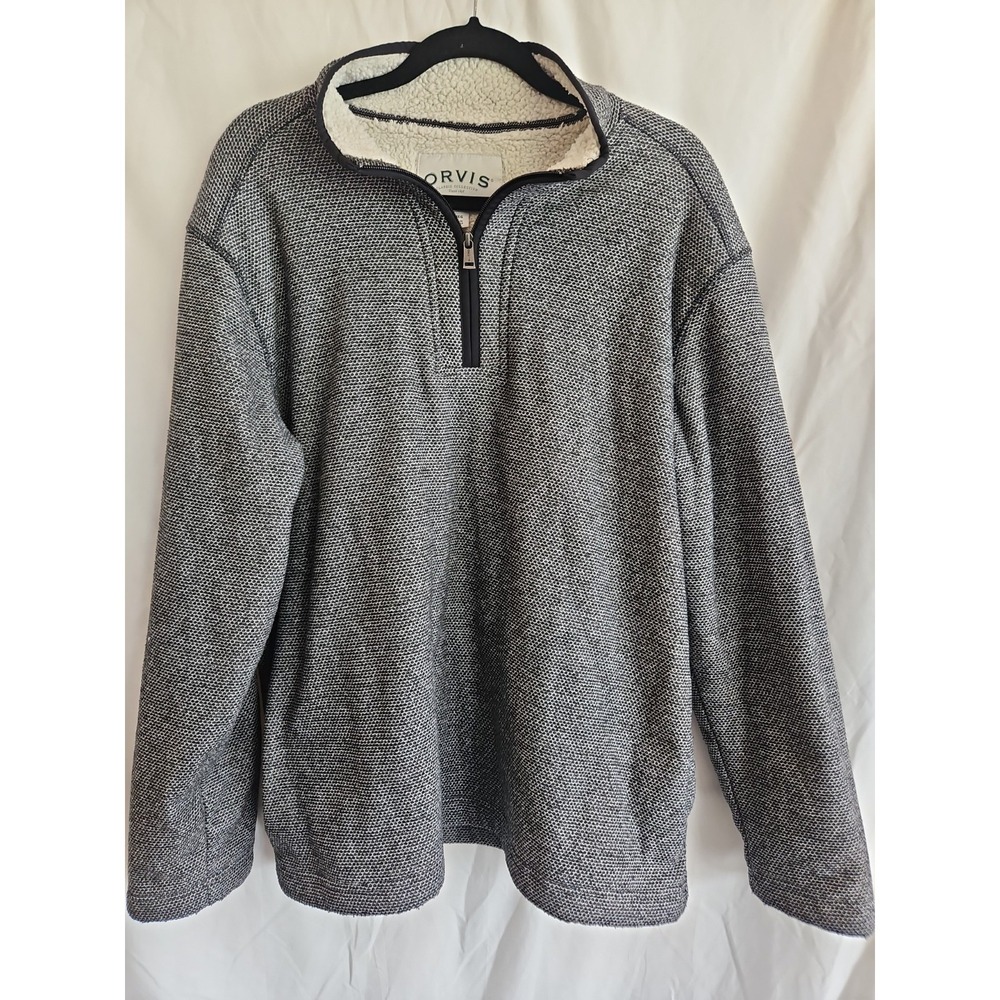 Orvis Mens Quarter Zip Sherpa Lined Sweater Fleece Pullover Blue Marled Large